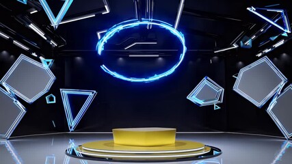 Futuristic 4K looping animation illuminated yellow podium pulsing neon rings ideal tech product presentations abstract geometric showcase backgrounds - Powered by Adobe