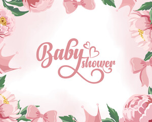 Obraz premium Baby shower pink background with beautiful peonies bow crown Its a girl