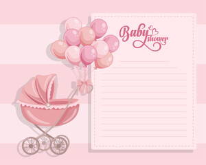 Baby shower invitation or greeting card template with cute pink baby girl stroller
