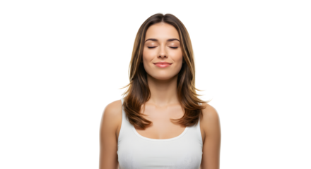 Relaxed 35-Year-Old Woman with Eyes Closed and Gentle Smile Against White Background