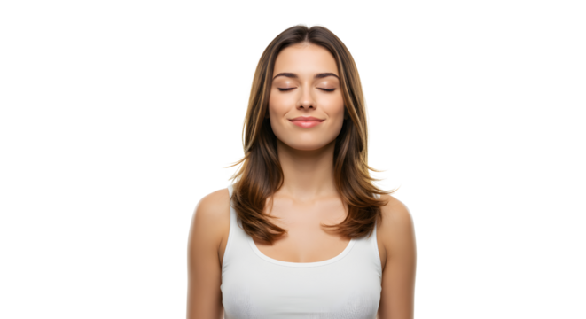 Relaxed 35-Year-Old Woman with Eyes Closed and Gentle Smile Against White Background