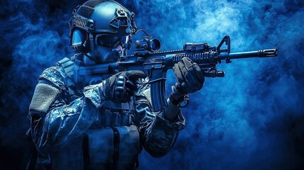 Fototapeta premium Military operative in tactical combat position.