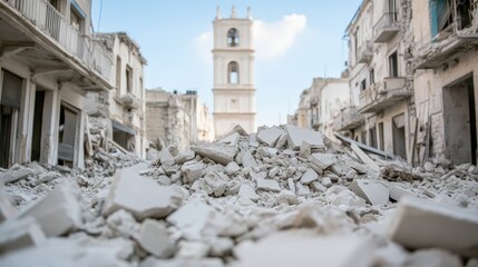 A street filled with rubble from collapsed buildings, with a damaged tower visible in the background.
