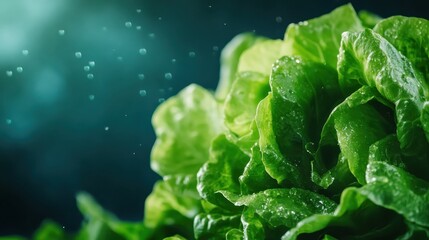 Vibrant green lettuce leaves glistening with water droplets showcase freshness, healthiness, and vitality, inviting a closer look into the world of wholesome living.