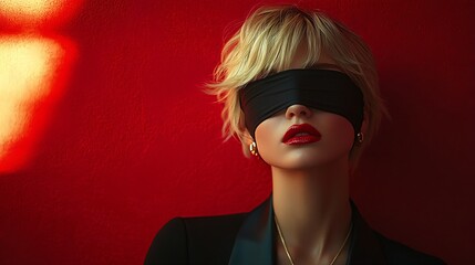 blindfolded woman with red lips against red wall, mysterious beauty portrait, short-haired female figure in blindfolded elegance