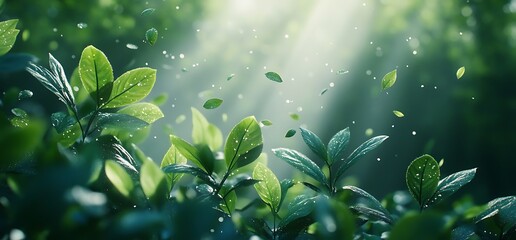 Enchanting sunlight filtering through fresh green leaves in a serene forest scene