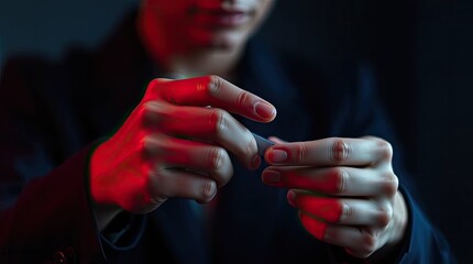 Obraz premium A person holding a small object between their fingers in a dimly lit environment