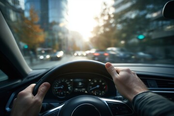 Driving through city traffic at sunset from driver's perspective

