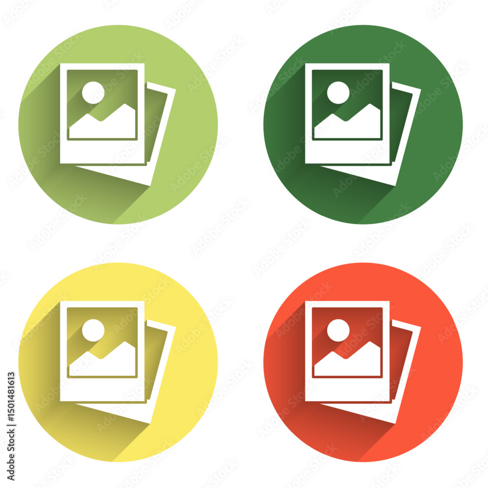Poster set photo icon isolated with long shadow background. color circle button. vector