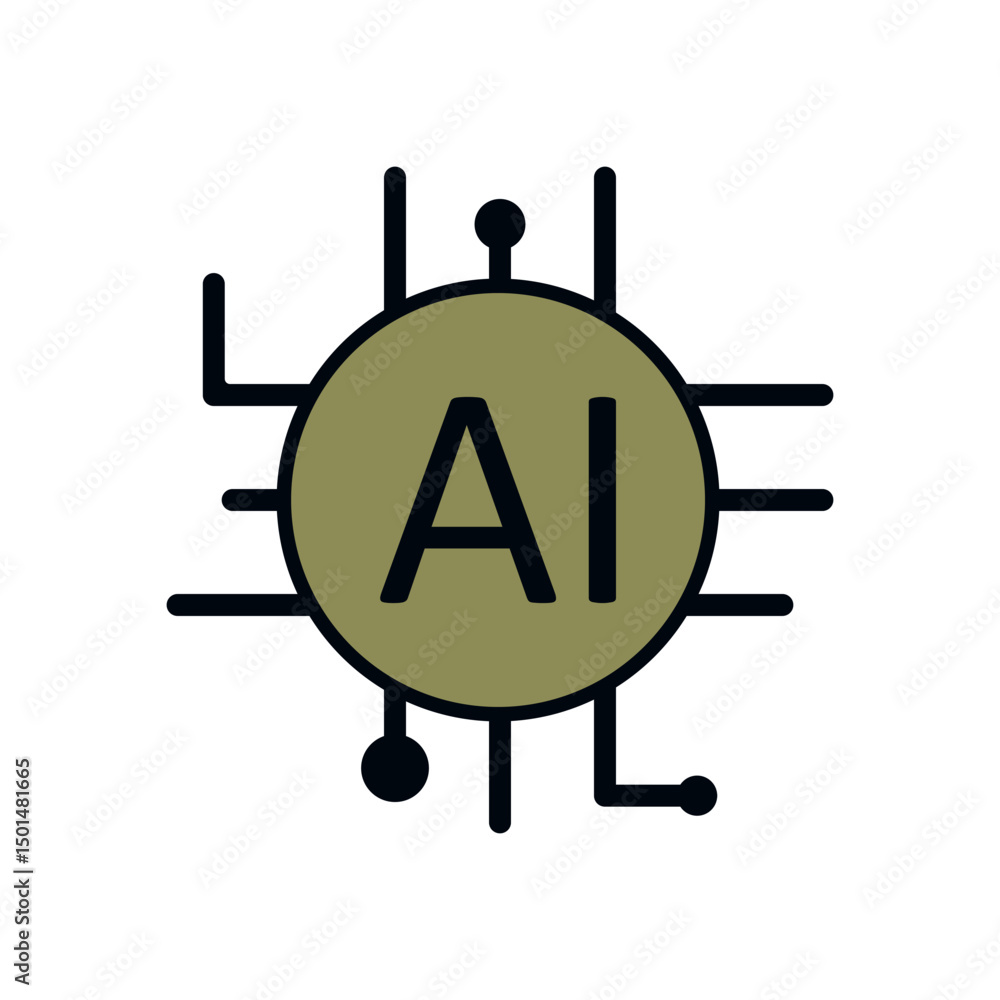 Poster minimalist ai processor symbol in earthy green tone with digital circuit pattern
