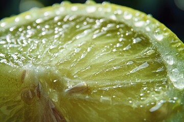 Close-up view featuring a freshly cut lemon slice, showcasing the vibrant green pulp and glistening droplets of juice. Zesty aroma of citrus fills the air, perfect for culinary inspiration