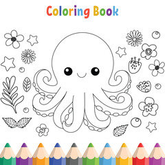 Kids coloring book with funny cartoon and kawaii collection vector illustration