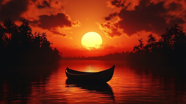 A serene sunset over a tranquil lake with a lone canoe.