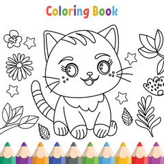 Kids coloring book with cartoon cat and kawaii collection vector illustration