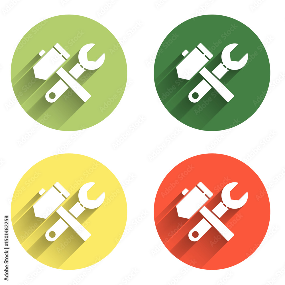 Poster set crossed hammer and wrench spanner icon isolated with long shadow background. hardware tools. col