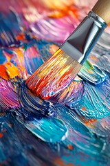 Fototapeta premium Vibrant paintbrush strokes on a colorful canvas. Close-up image of artist's tools and expressive artwork.