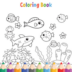 Kids coloring book with fishes and kawaii collection vector illustration