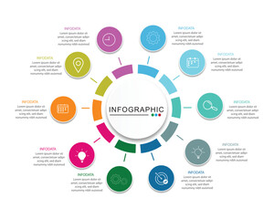 10 Steps Infographics Design Template - Graph, Pie chart, workflow layout, squire diagram, brochure, report, presentation, web design. Editable Vector	