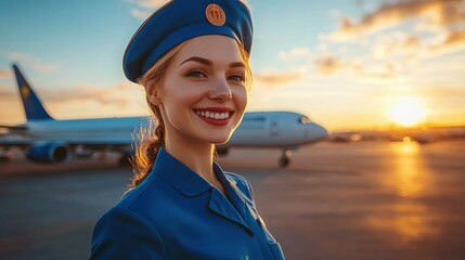 Smiling stewardess portrait at golden hour on airfield with passenger plane