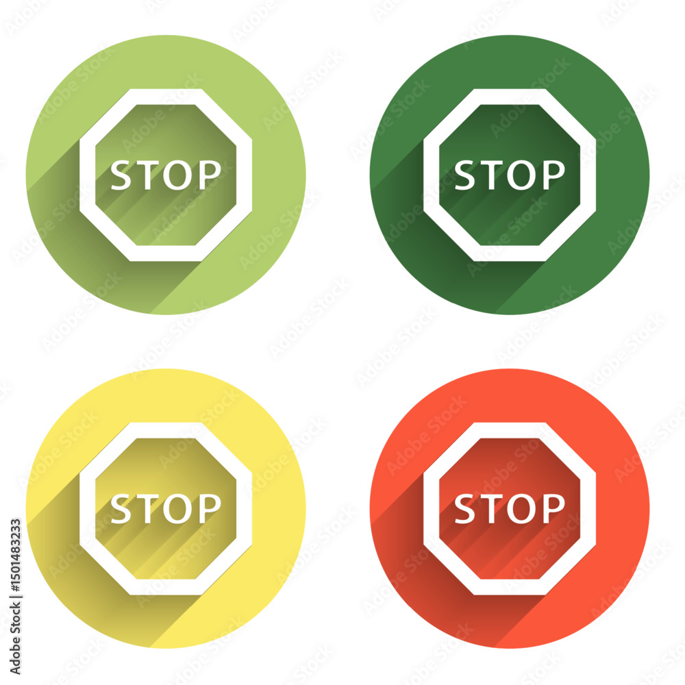 Poster set stop sign icon isolated with long shadow background. traffic regulatory warning stop symbol. col