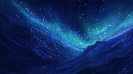 Night sky aurora over a dark, wavy landscape