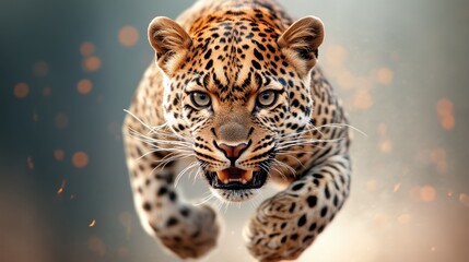 An intense leopard leaps forward through a blurred background, illustrating power, grace, and the raw beauty of wildlife in its natural habitat, filled with movement and energy.