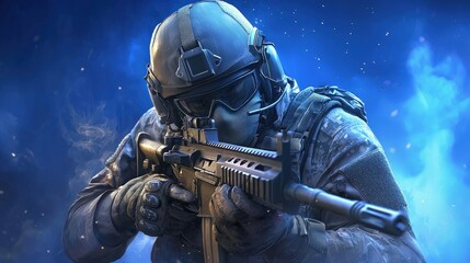 Fototapeta premium A military soldier in tactical gear aiming a rifle.