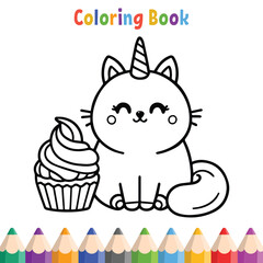 Kids coloring book with cat and cake vector illustration