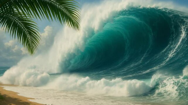 Una enorme ola de tsunami se estrella contra la playa. Escena dram&aacute;tica con agua poderosa, cielo nublado y personas en peligro. Desastre natural en acci&oacute;n