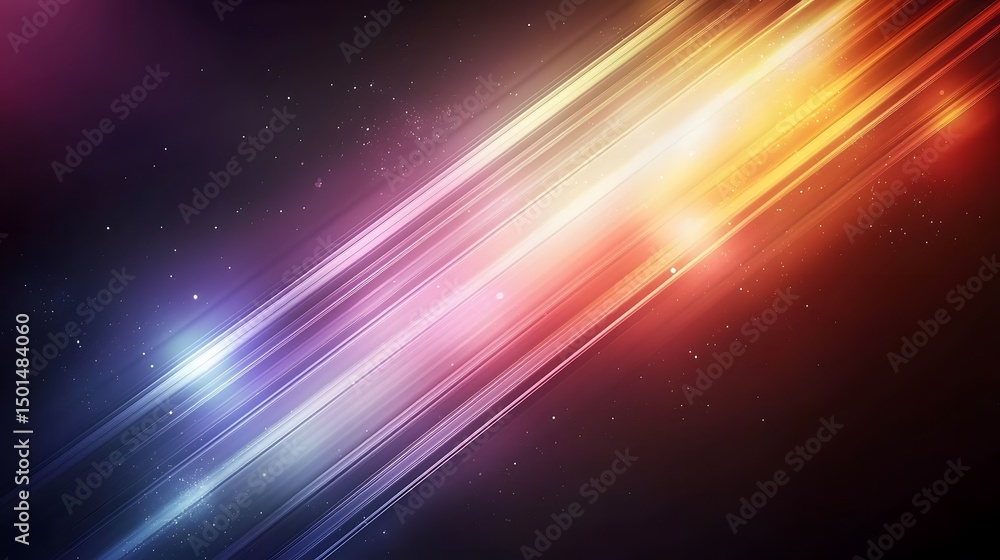Poster diagonal lines of vibrant color radiate across a dark background.