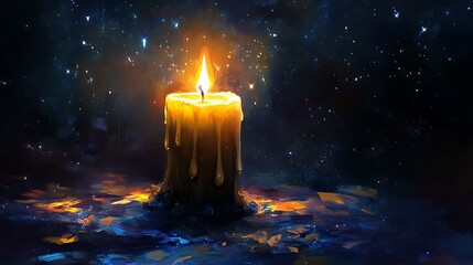 Single candle glowing brightly in a starry night.