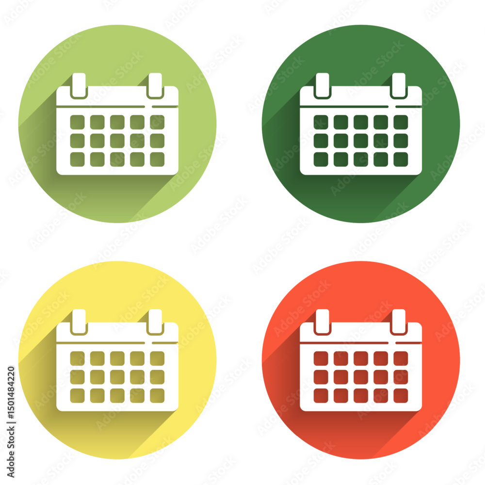 Poster set calendar icon isolated with long shadow background. event reminder symbol. color circle button. 