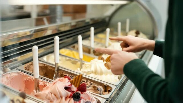 Person choosing ice cream in shop