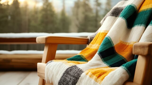 A rustic wooden chair draped with a vibrant plaid blanket, nestled in a serene outdoor setting, invoking feelings of warmth, comfort, and a cozy escape from daily life.