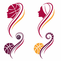 Abstract women's basketball players with swirling hair and ball designs
