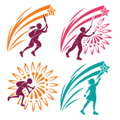 Kids playing with fireworks, starburst, cutout silhouettes, design elements
