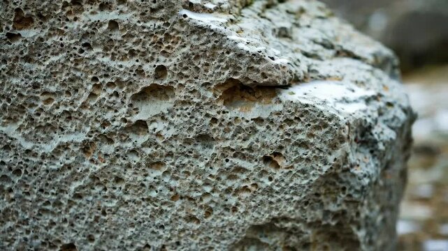 Closeup texture of porous gray stone boulder with snow patches on a blurred background in outdoor winter landscape, detail of stone material