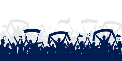 Silhouette of cheering soccer fans holding banners and flags, sports event crowd illustration with layered background elements for football promotions, match celebrations, or fan zone graphics