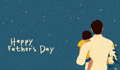 Father and Son Holding Hands Looking at Stars with "Happy Father's Day" Text. Simple Flat Illustration Style with Minimalist Blue Background and Vector Drawing