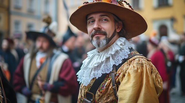 Man in historical attire,  focused on details of the clothing.