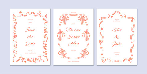 Modern Wedding Invitation Set with Minimalist Ribbon Frame Design. Hand-Drawn Decorative Borders in Soft Colors. Perfect for Save the Date, Ceremony, and Greeting Cards. Vector Illustration. 