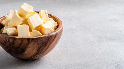 A rustic wooden bowl filled with neatly cubed butter, showcasing its rich texture and buttery color, perfect for cooking, baking, or enhancing dishes.
