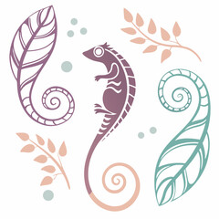 Stylized lizard with pastel leaves and spirals botanical illustration
