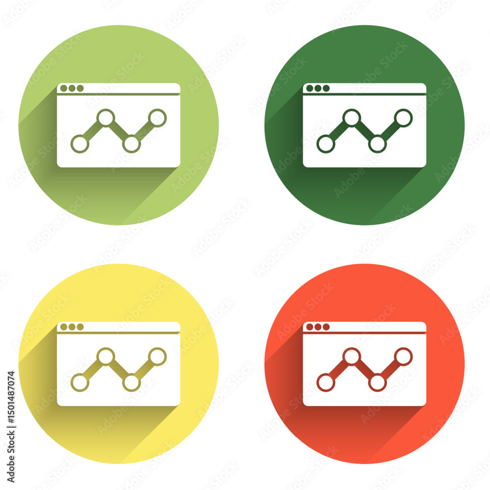 Poster set web analytics information and development website statistic icon isolated with long shadow backg