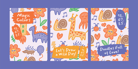 Naklejka premium Poster set in playful crayon style with smiling flowers, snails, giraffes, dinosaurs and rockets. Colorful banners with lettering for kids event or drawing activity. Vector illustration.