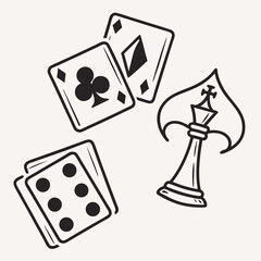 Hand drawn illustration of playing cards dice and chess piece