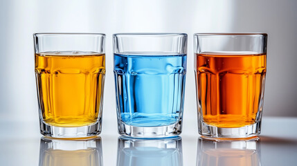 Three glasses of colorful drinks on reflective table, orange blue and amber beverages in clear glassware, refreshing summer drinks, healthy juice or cocktail assortment for food and beverage design