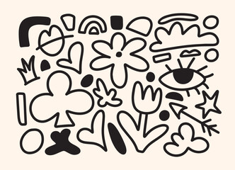 Abstract Eye, Hearts, Flowers, Tulips, Cloud, Arrow, Crown, Rainbow. Childlike Black Line Doodle Composition. Hand Drawn Minimal Seamless Pattern. Vector Illustration.