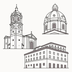 Architectural line drawings of european buildings church dome palace