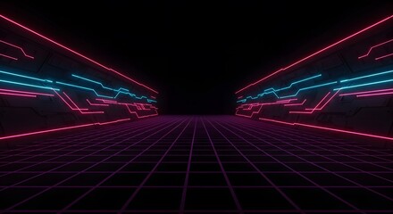 Cyberpunk neon corridor retro futuristic synthwave digital art, perfect for background